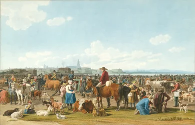 Veemarkt voor een grote stad aan een meer, 1820